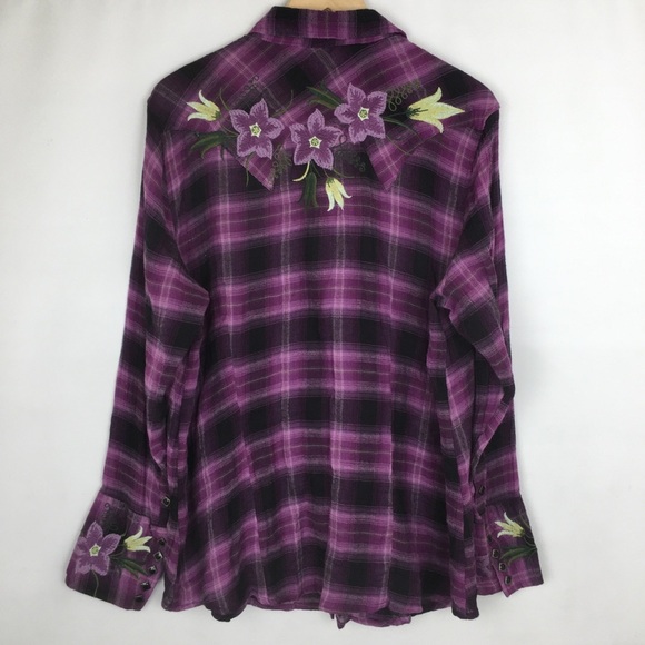 Stetson Plaid Button Down Shirt Floral Embroidered Western Cowgirl Women’s Sz XL - Picture 9 of 13